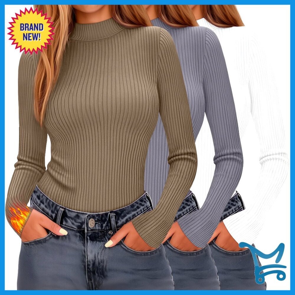 3 Pack Mock Neck Thermal Tops Long Sleeve Cotton Ribbed Slim Fit Base Layer